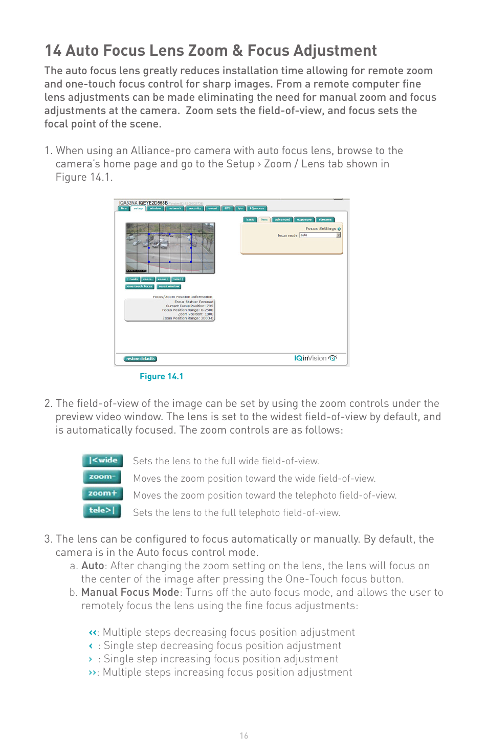 14 auto focus lens zoom & focus adjustment | IQinVision Alliance-pro Series User Manual | Page 16 / 20