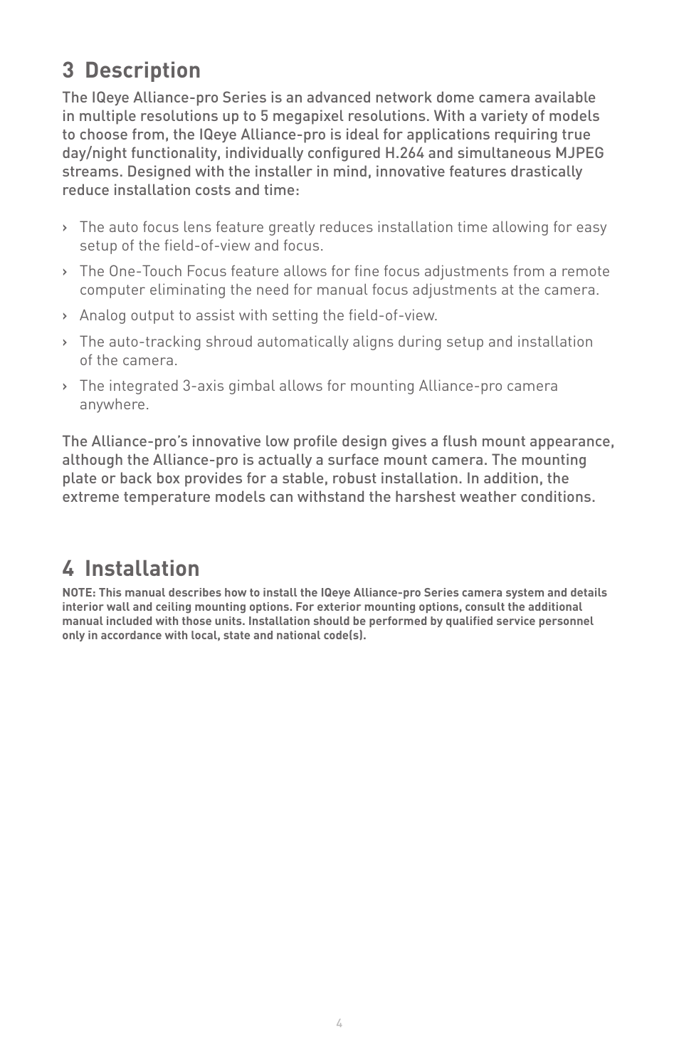 3 description, 4 installation | IQinVision Alliance-pro Series User Manual | Page 4 / 20