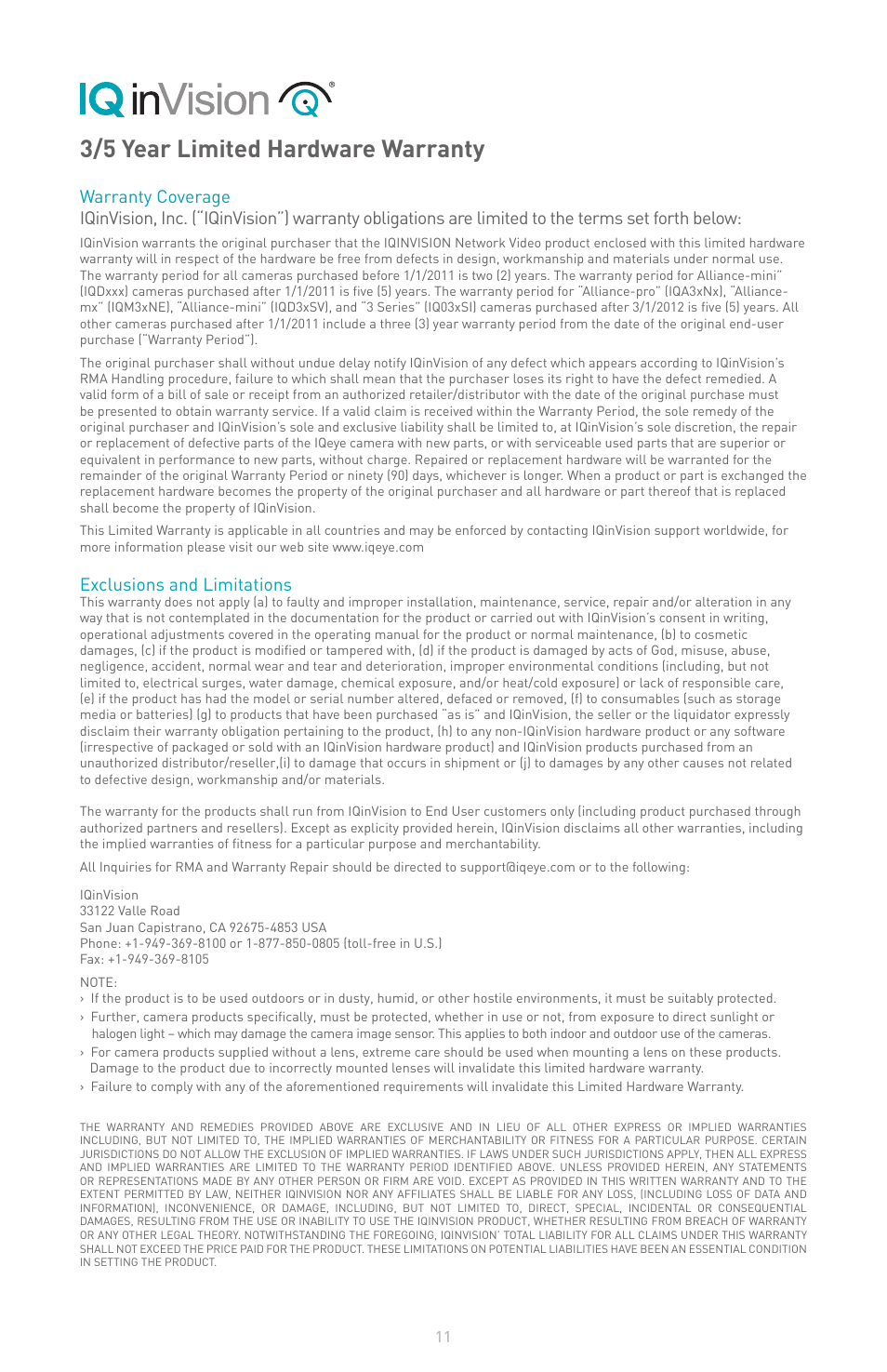 3/5 year limited hardware warranty, Exclusions and limitations | IQinVision Alliance-mx User Manual | Page 11 / 12