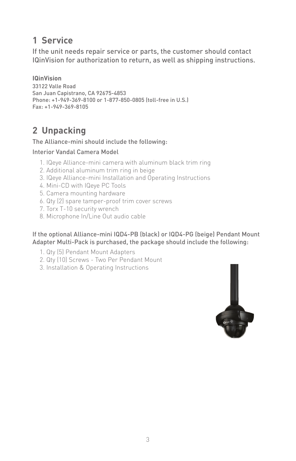 1 service, 2 unpacking | IQinVision Alliance-mini Series IQD5x User Manual | Page 3 / 12