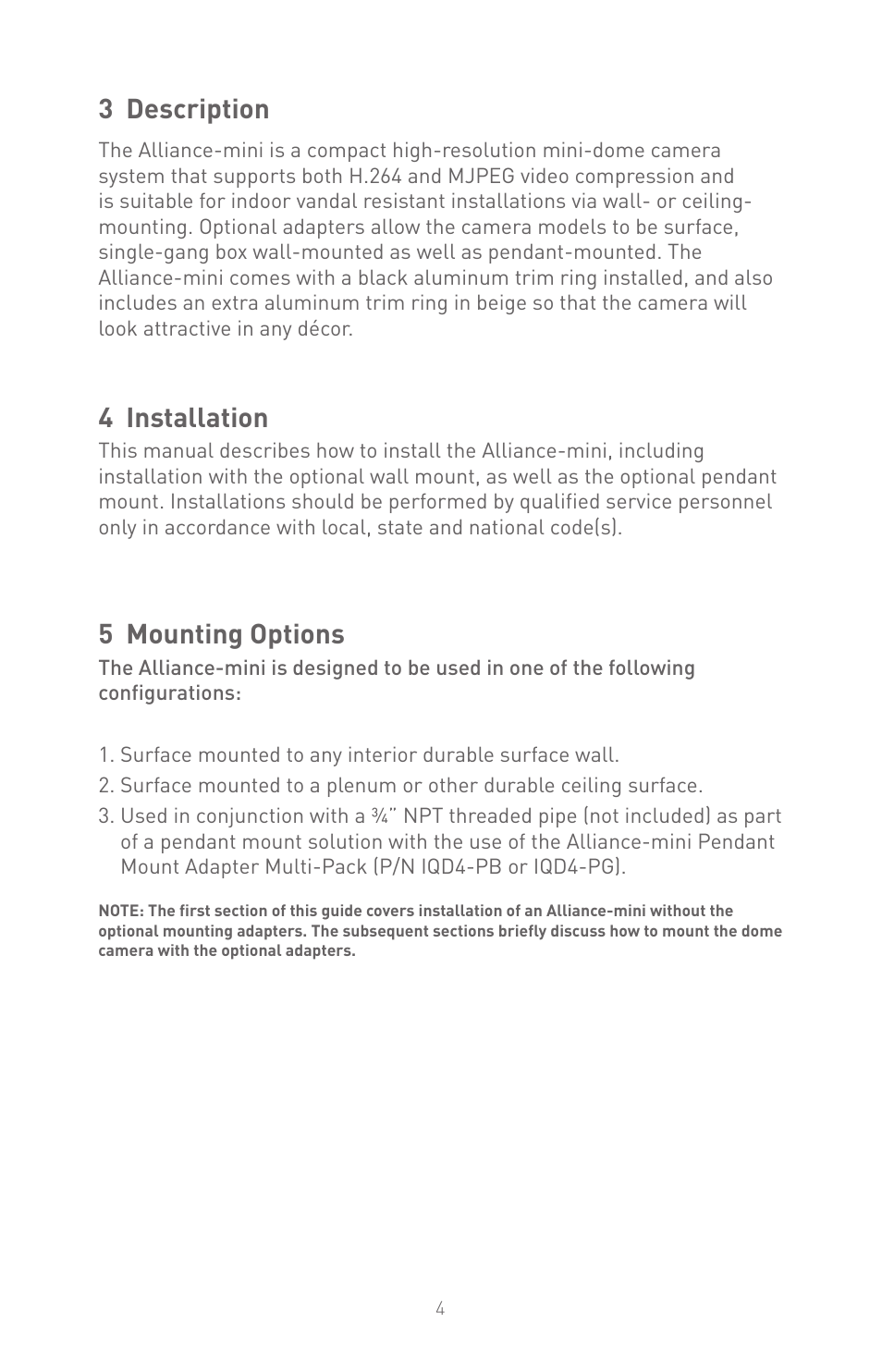 3 description, 4 installation, 5 mounting options | IQinVision Alliance-mini Series IQD5x User Manual | Page 4 / 12