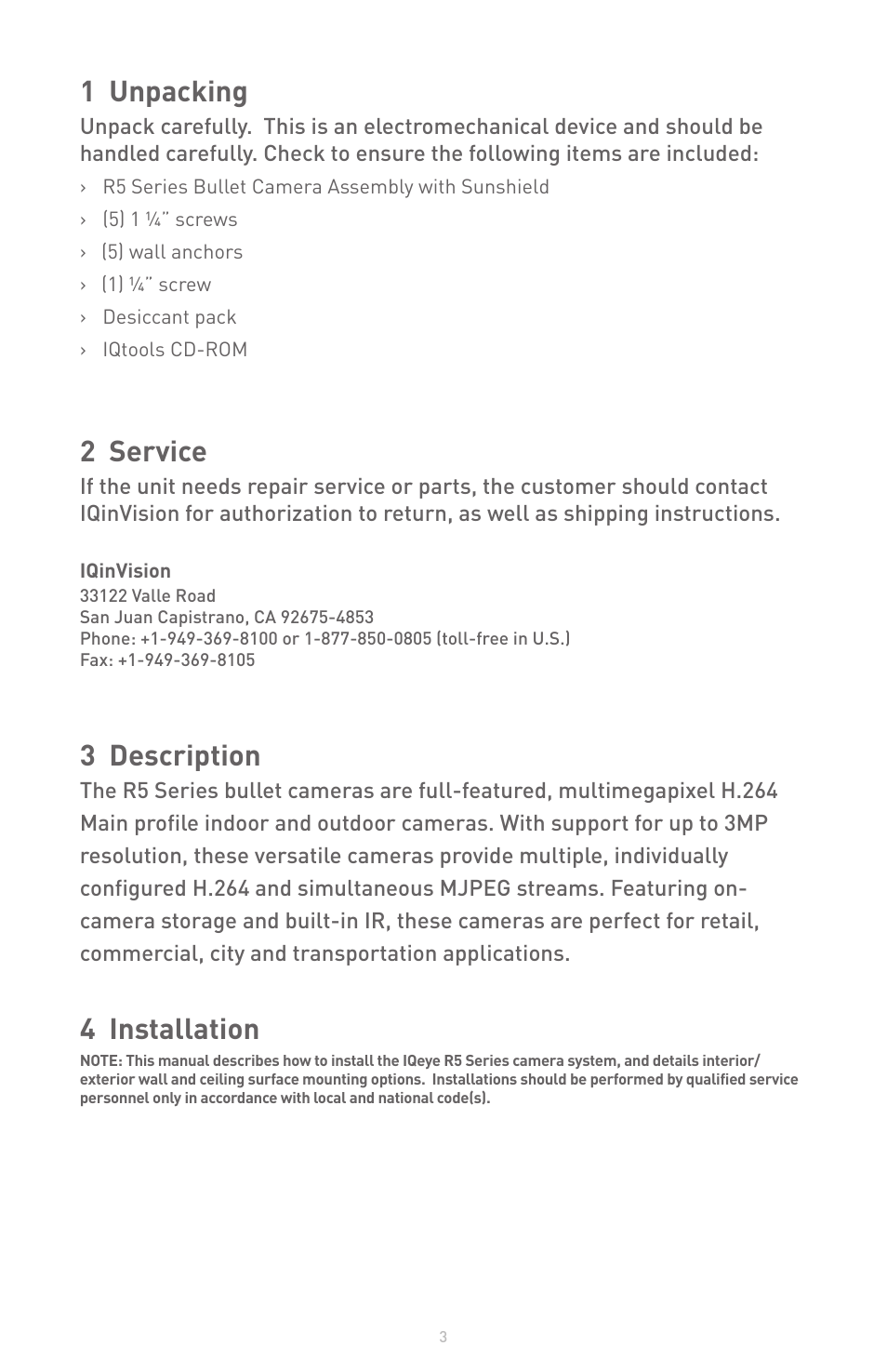 1 unpacking, 2 service, 3 description | 4 installation | IQinVision R5 Series User Manual | Page 3 / 8