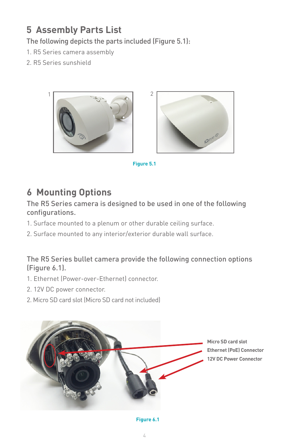 5 assembly parts list, 6 mounting options | IQinVision R5 Series User Manual | Page 4 / 8