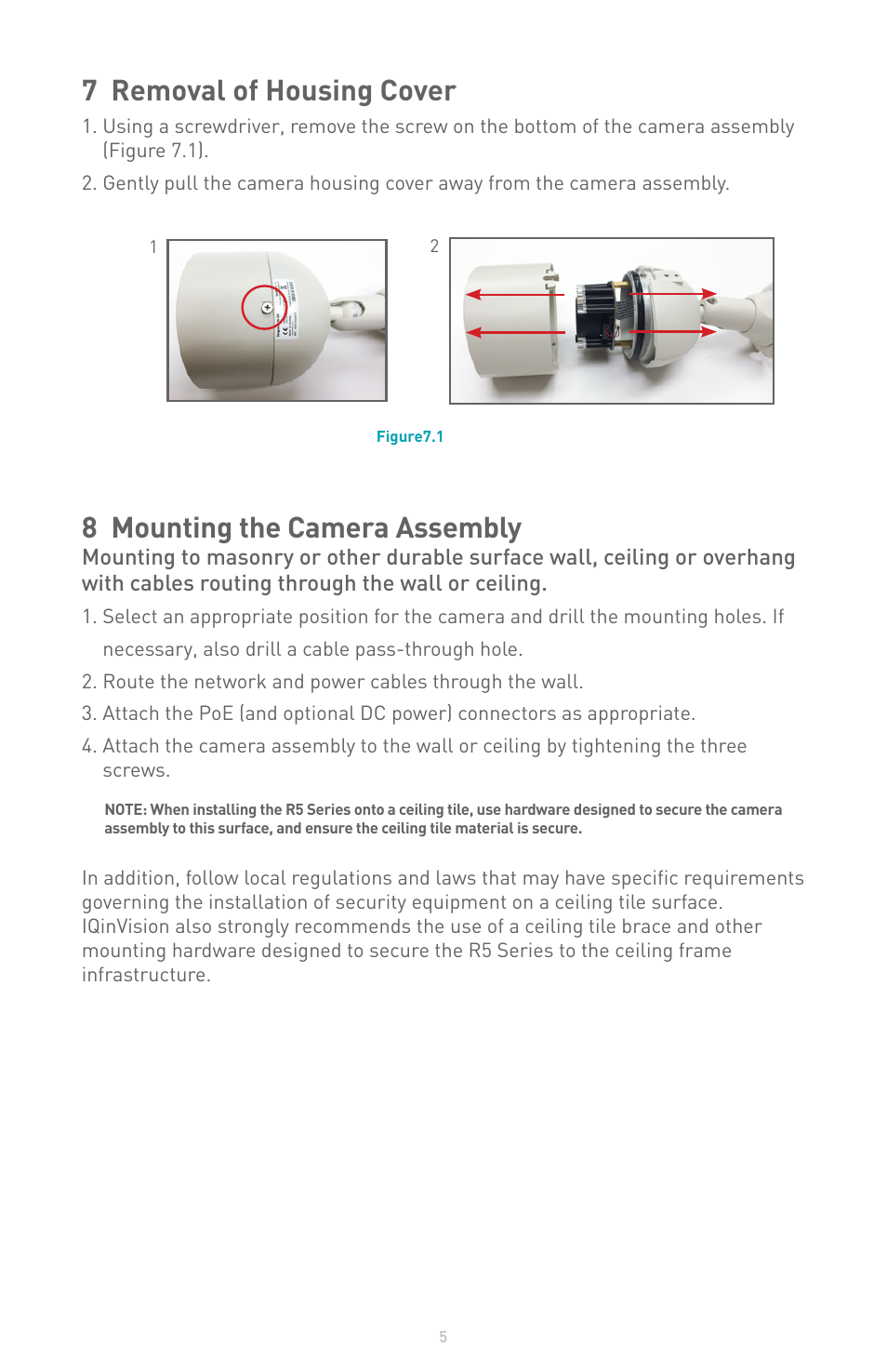 7 removal of housing cover, 8 mounting the camera assembly | IQinVision R5 Series User Manual | Page 5 / 8