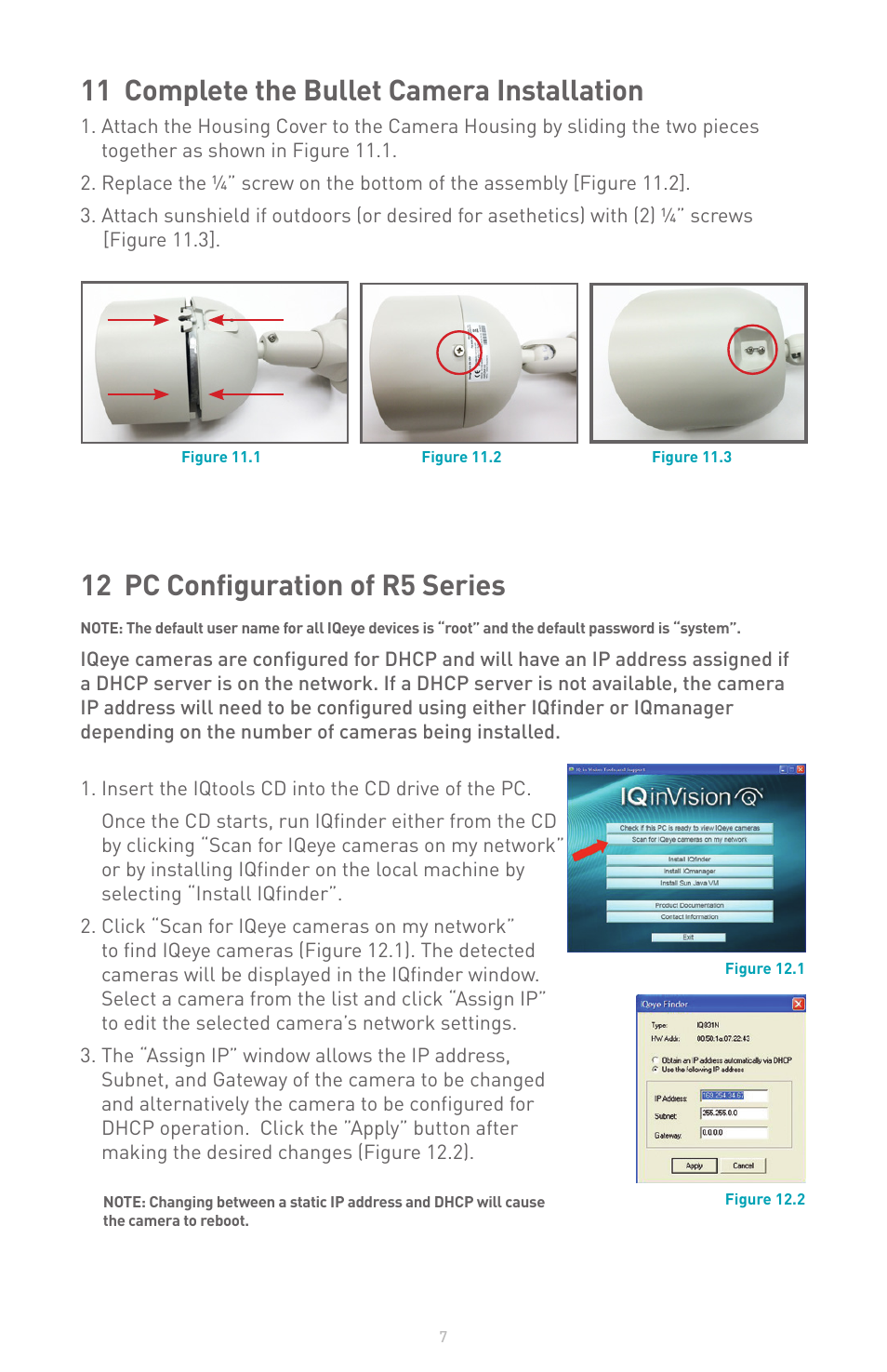 11 complete the bullet camera installation, 12 pc configuration of r5 series | IQinVision R5 Series User Manual | Page 7 / 8