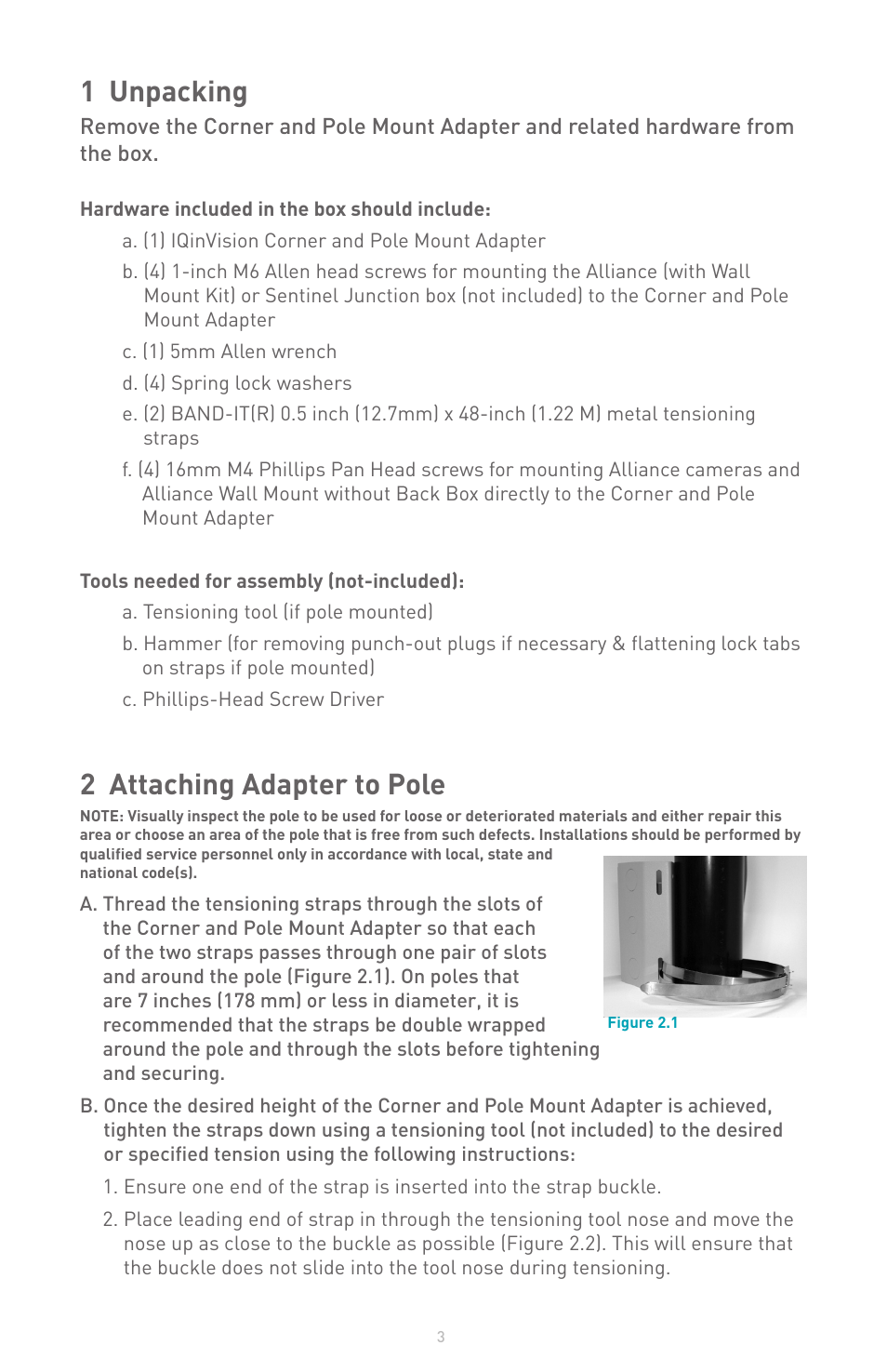 1 unpacking, 2 attaching adapter to pole | IQinVision IQA-CNR User Manual | Page 3 / 8