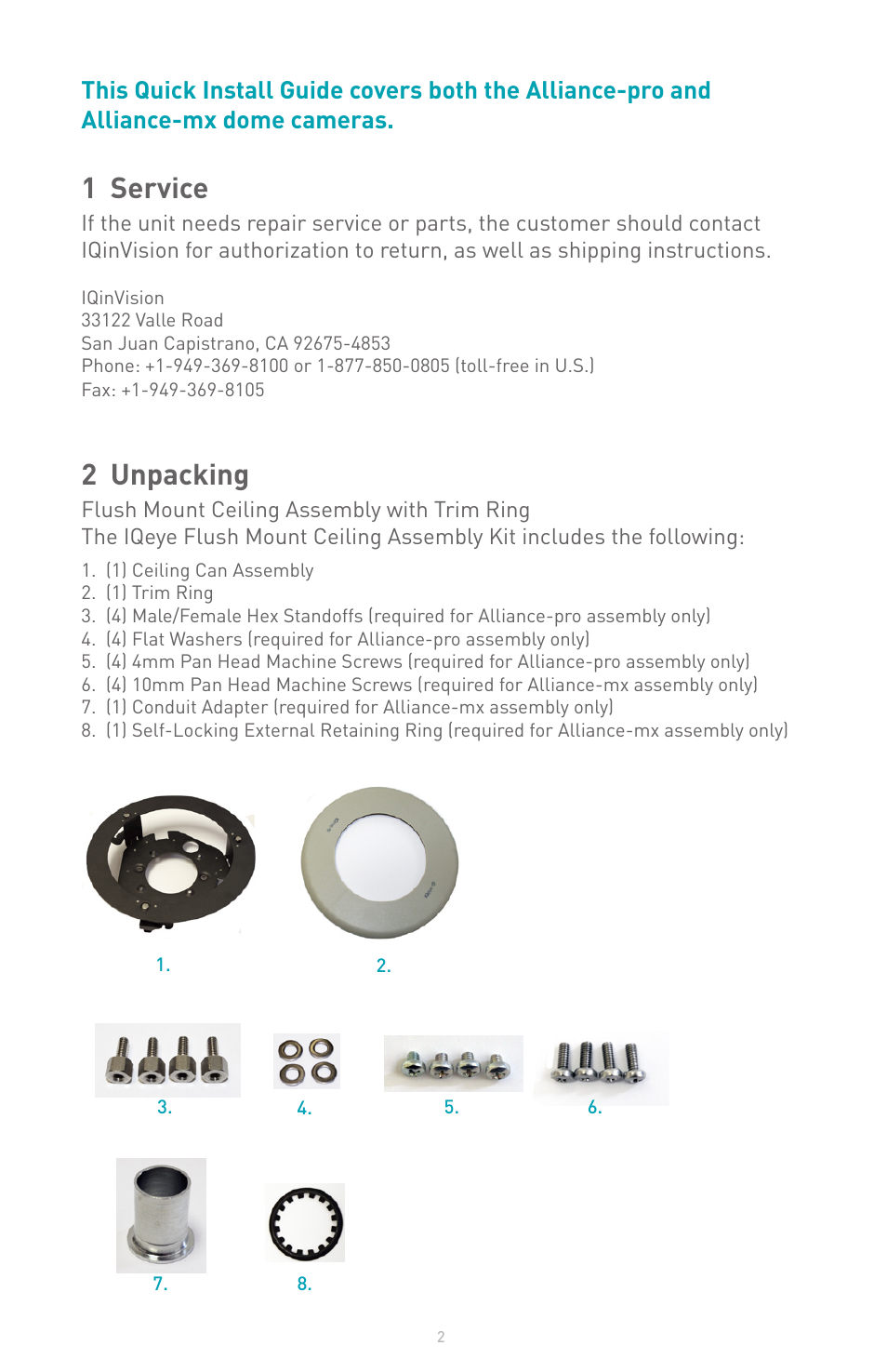 1 service, 2 unpacking | IQinVision Alliance Series Flush Mount User Manual | Page 2 / 8