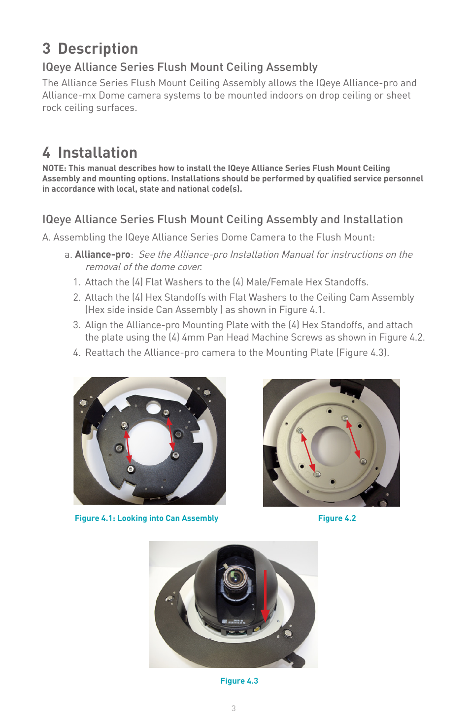 3 description, 4 installation, Iqeye alliance series flush mount ceiling assembly | IQinVision Alliance Series Flush Mount User Manual | Page 3 / 8