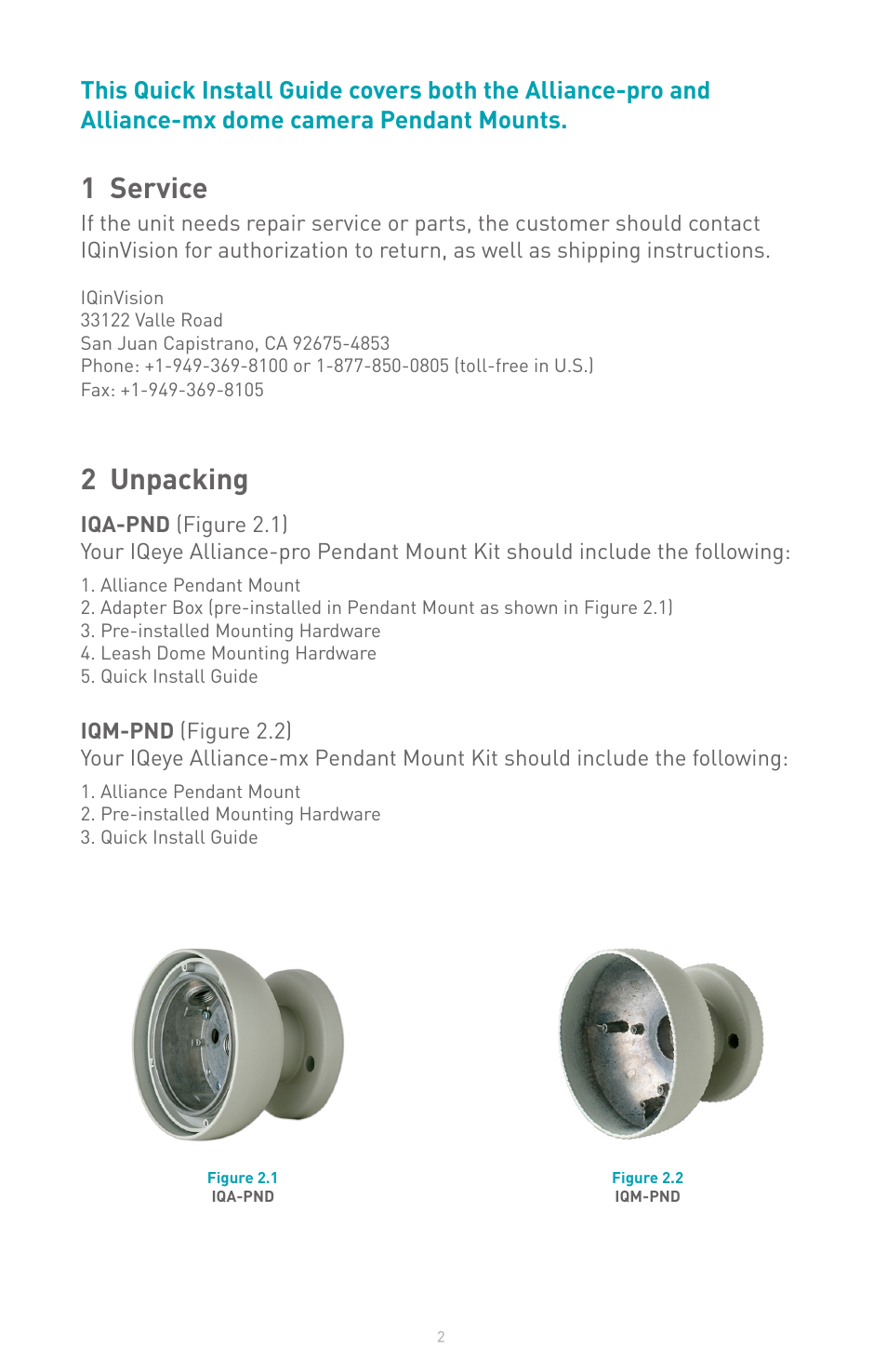 1 service, 2 unpacking | IQinVision Alliance Series Pendant Mount User Manual | Page 2 / 7
