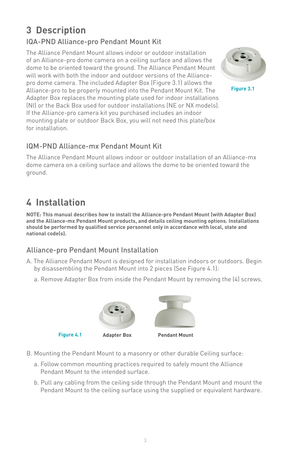 3 description, 4 installation, Alliance-pro pendant mount installation | Iqa-pnd alliance-pro pendant mount kit, Iqm-pnd alliance-mx pendant mount kit | IQinVision Alliance Series Pendant Mount User Manual | Page 3 / 7