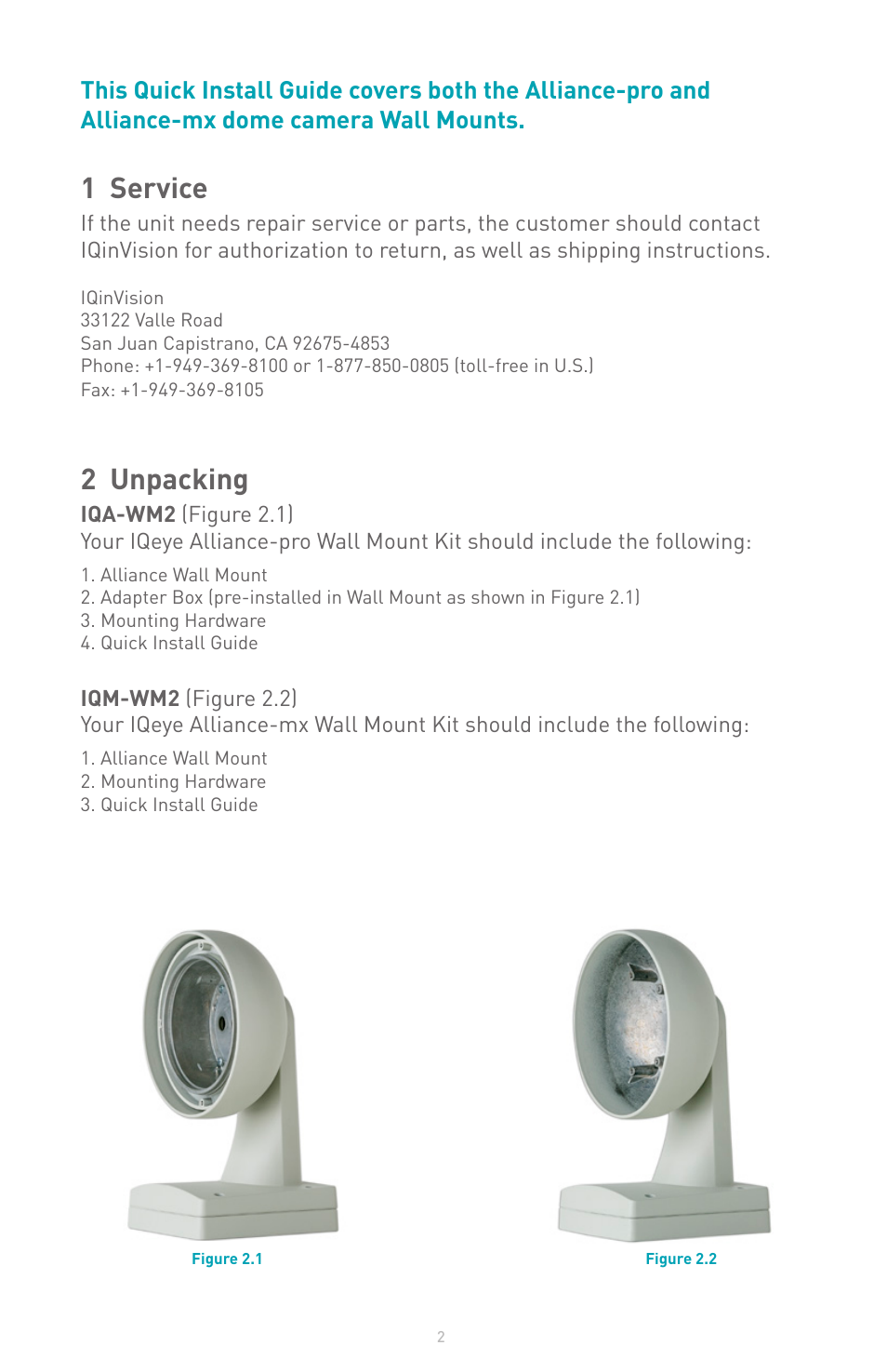 1 service, 2 unpacking | IQinVision Alliance Series Wall Mount User Manual | Page 2 / 8