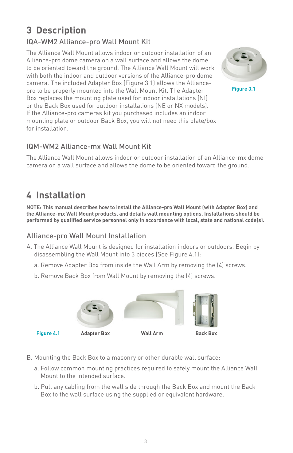 3 description, 4 installation, Alliance-pro wall mount installation | Iqa-wm2 alliance-pro wall mount kit, Iqm-wm2 alliance-mx wall mount kit | IQinVision Alliance Series Wall Mount User Manual | Page 3 / 8