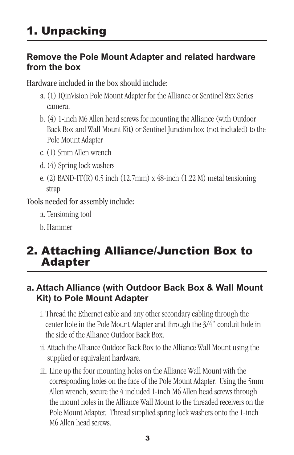 Unpacking, Attaching alliance/junction box to adapter | IQinVision Alliance & Sentinel Series Pole Mount Adaptor User Manual | Page 3 / 8