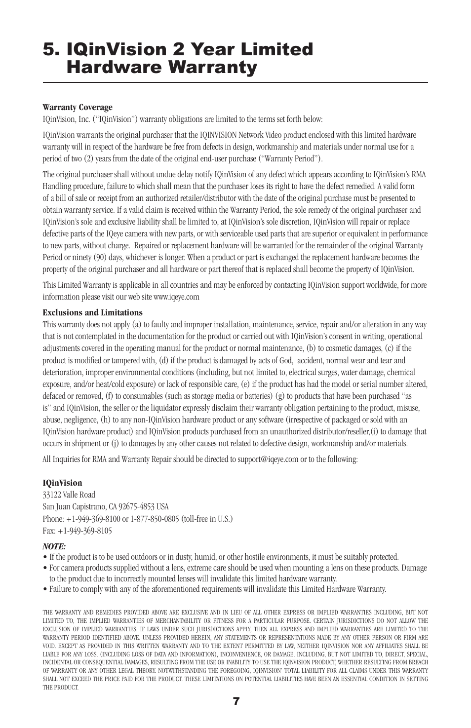 Iqinvision 2 year limited hardware warranty | IQinVision Alliance & Sentinel Series Pole Mount Adaptor User Manual | Page 7 / 8