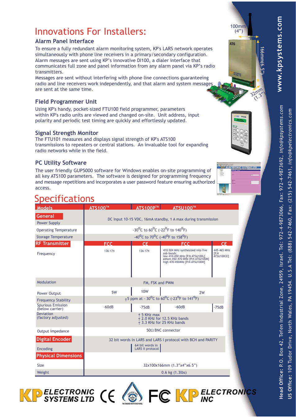 Specifications innovations for installers, Alarm panel interface, Field programmer unit | Signal strength monitor, Pc utility software | KP Electronic Systems ATS100 User Manual | Page 2 / 2