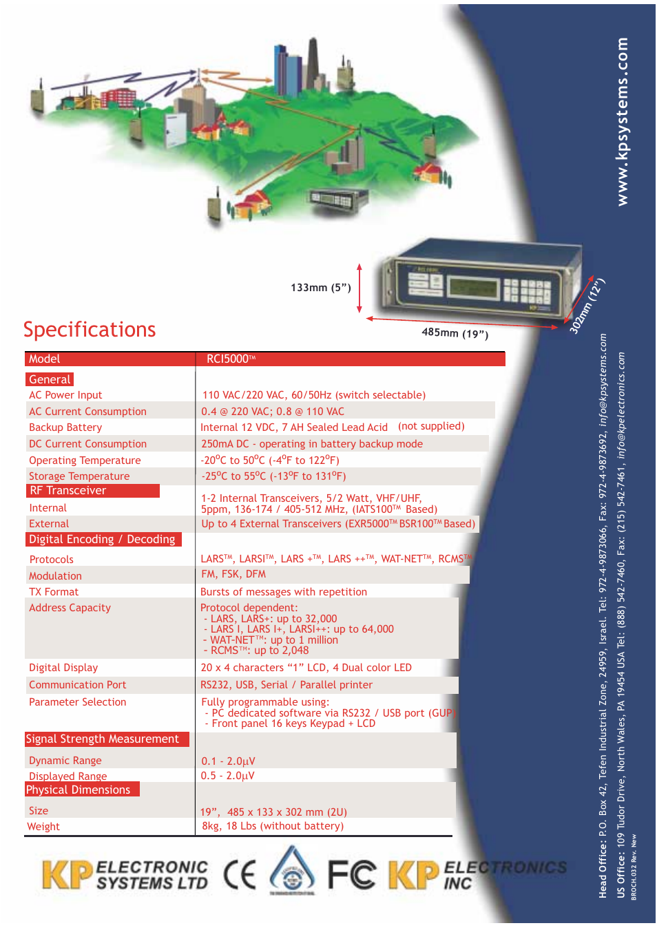 Specifications | KP Electronic Systems RCI5000 User Manual | Page 2 / 2