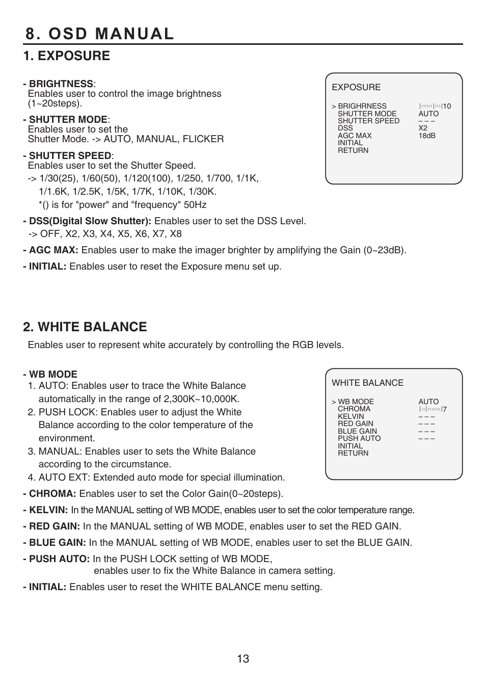 Osd manual, Exposure, White balance | KT&C KPC-HLND45 User Manual | Page 13 / 17