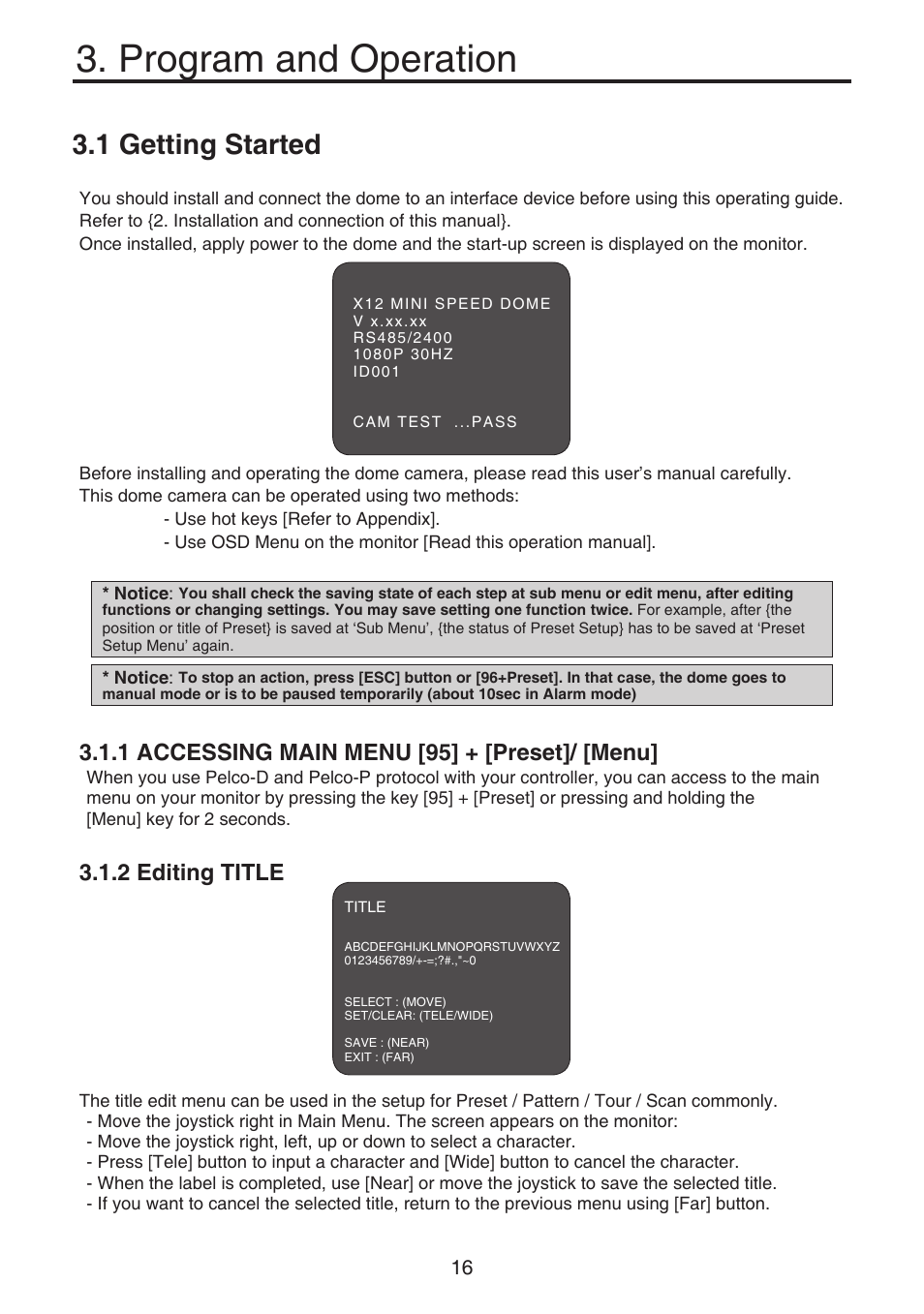 Program and operation, 1 getting started, 1 accessing main menu [95] + [preset]/ [menu | 2 editing title | KT&C KPT-SPDN120HD User Manual | Page 16 / 36