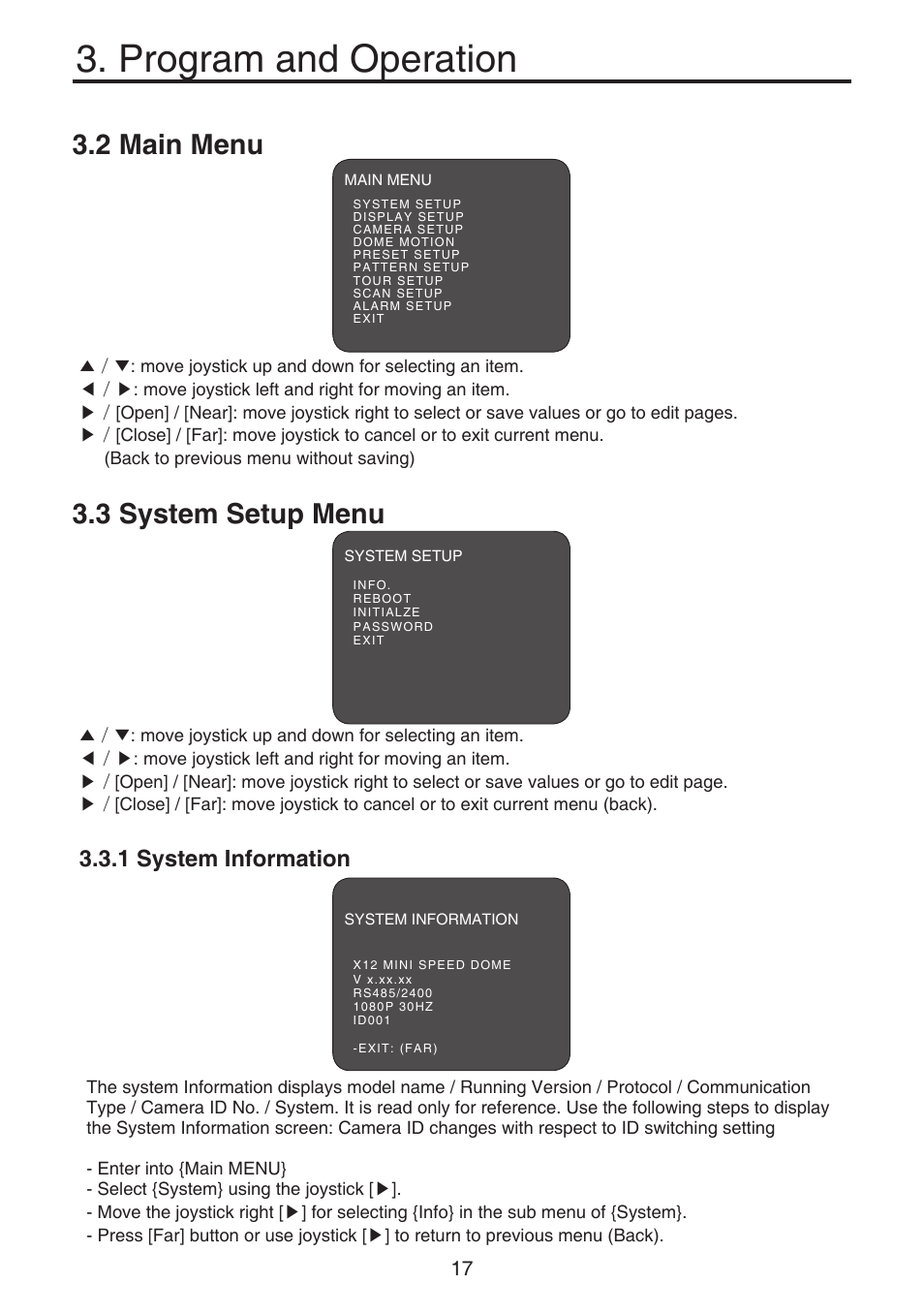 Program and operation, 2 main menu, 3 system setup menu | 1 system information | KT&C KPT-SPDN120HD User Manual | Page 17 / 36