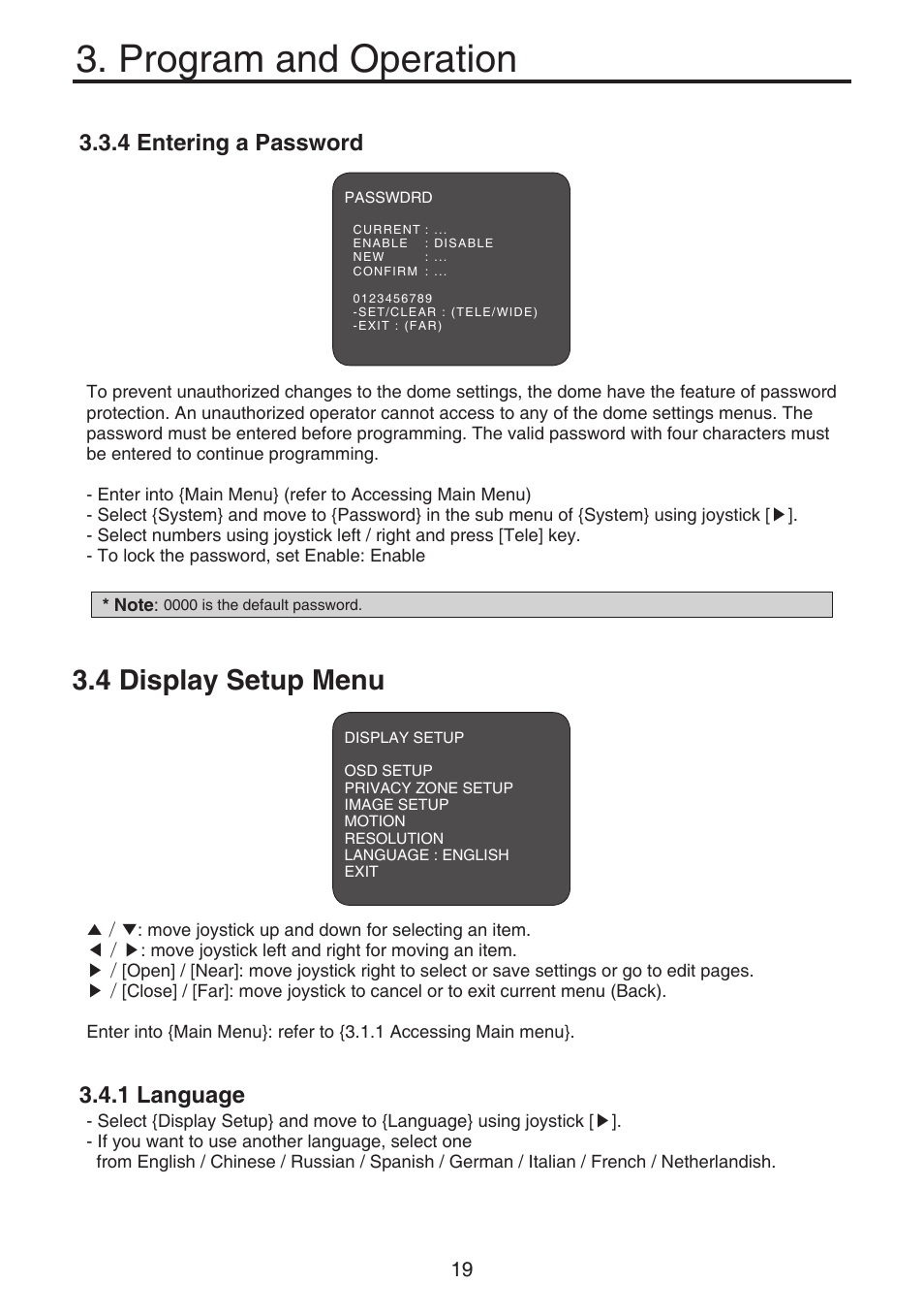 Program and operation, 4 display setup menu, 4 entering a password | 1 language | KT&C KPT-SPDN120HD User Manual | Page 19 / 36