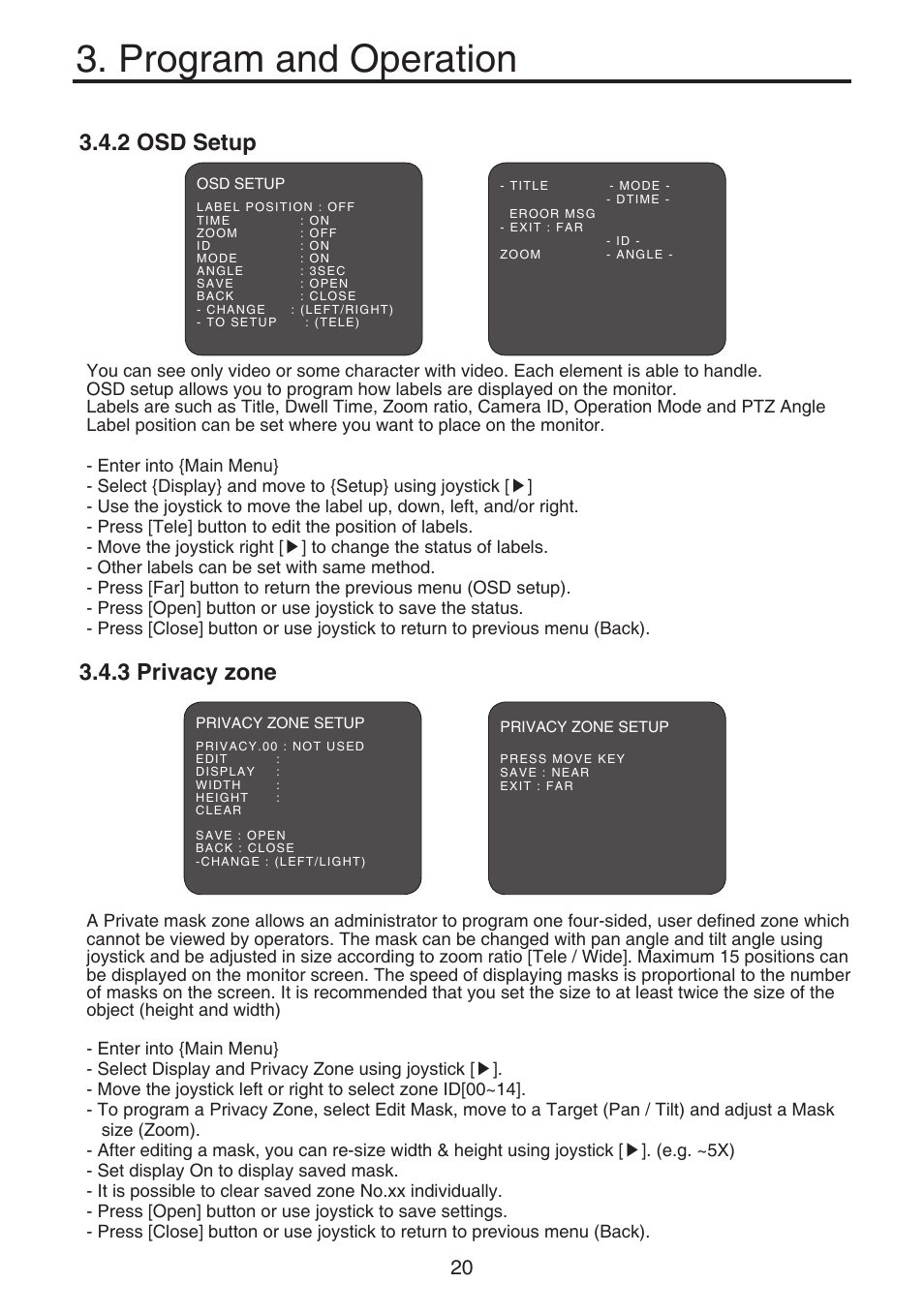 Program and operation, 2 osd setup, 3 privacy zone | KT&C KPT-SPDN120HD User Manual | Page 20 / 36