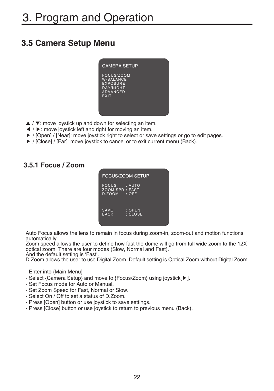 Program and operation, 5 camera setup menu, 1 focus / zoom | KT&C KPT-SPDN120HD User Manual | Page 22 / 36