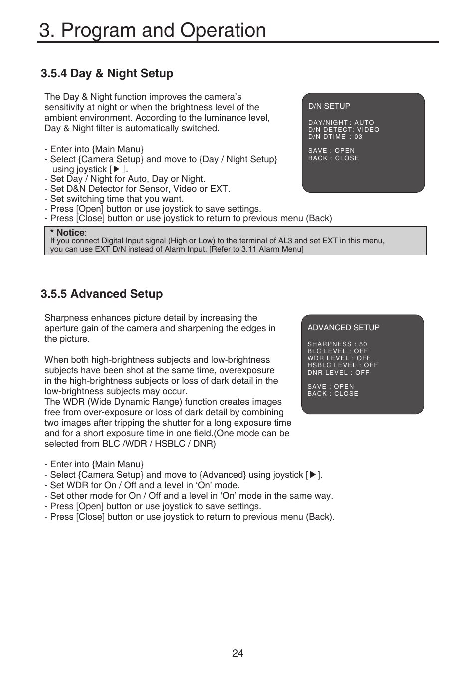 Program and operation, 4 day & night setup, 5 advanced setup | KT&C KPT-SPDN120HD User Manual | Page 24 / 36