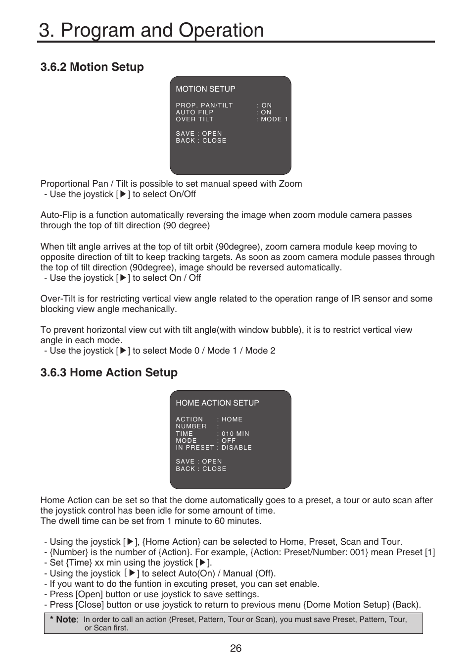 Program and operation, 2 motion setup, 3 home action setup | KT&C KPT-SPDN120HD User Manual | Page 26 / 36