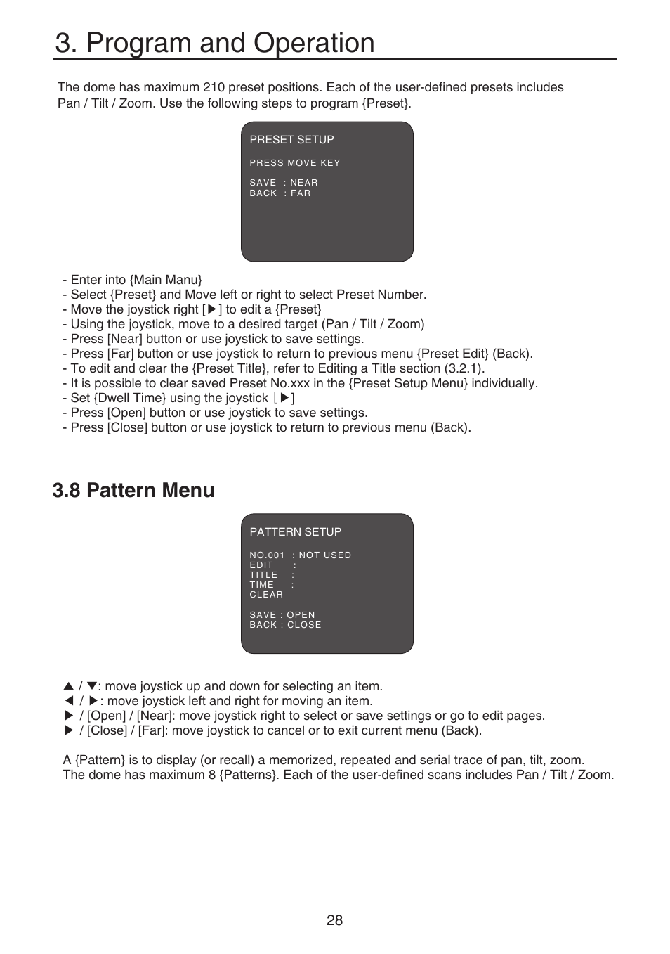 Program and operation, 8 pattern menu | KT&C KPT-SPDN120HD User Manual | Page 28 / 36