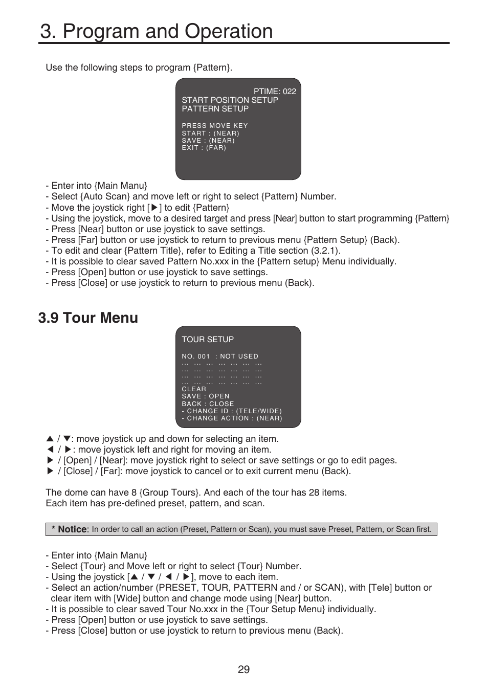 Program and operation, 9 tour menu | KT&C KPT-SPDN120HD User Manual | Page 29 / 36