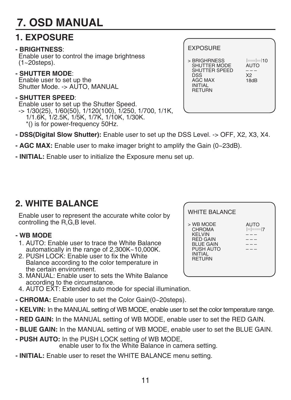 Osd manual, Exposure, White balance | KT&C KPC-HDN300M User Manual | Page 11 / 15