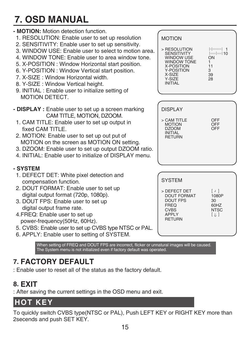 Osd manual, Factory default, Exit | Hot key | KT&C KPC-HDN300M User Manual | Page 15 / 15