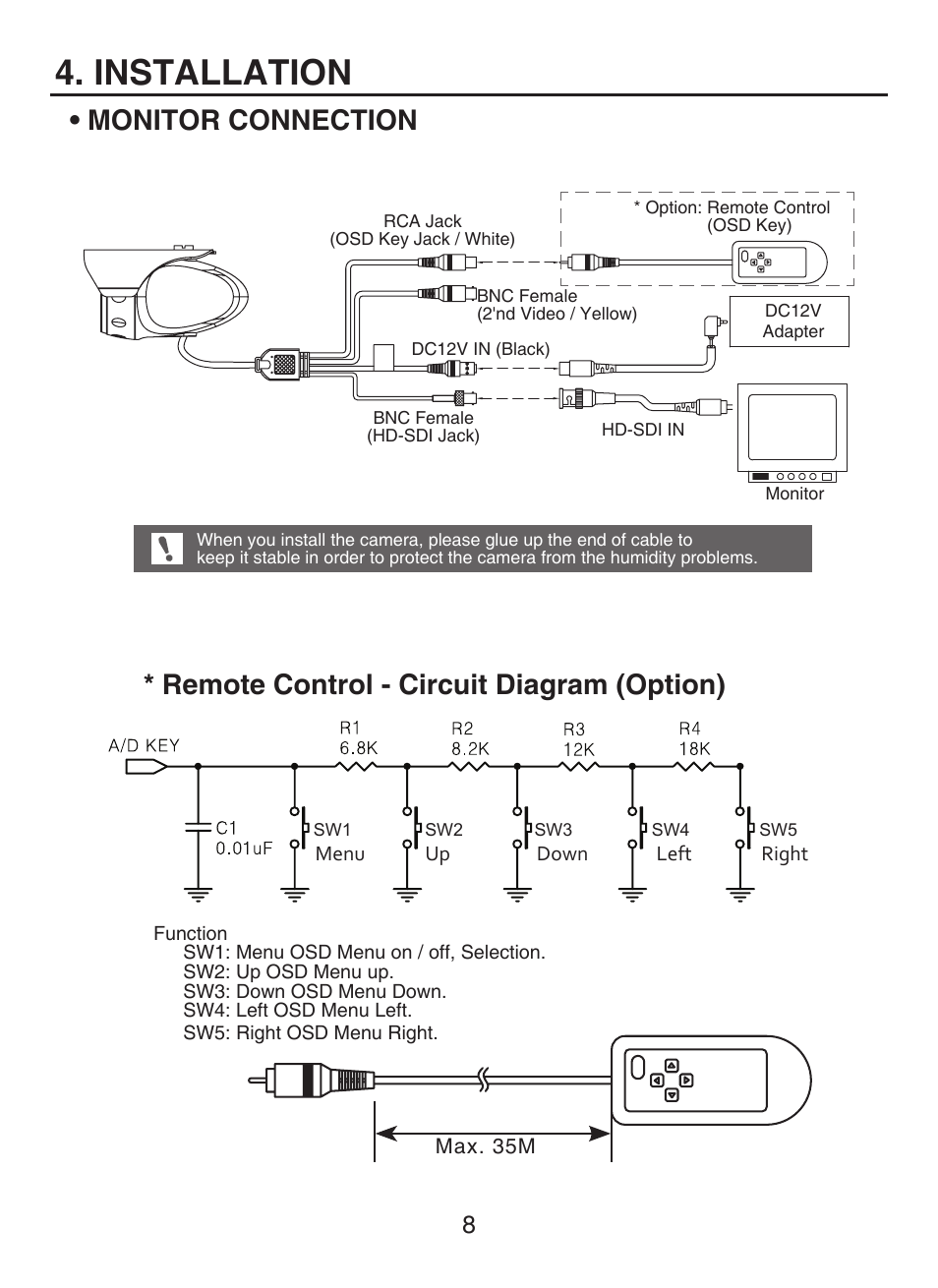 Installation, Monitor connection, Remote control - circuit diagram (option) | KT&C KPC-HDN300M User Manual | Page 8 / 15