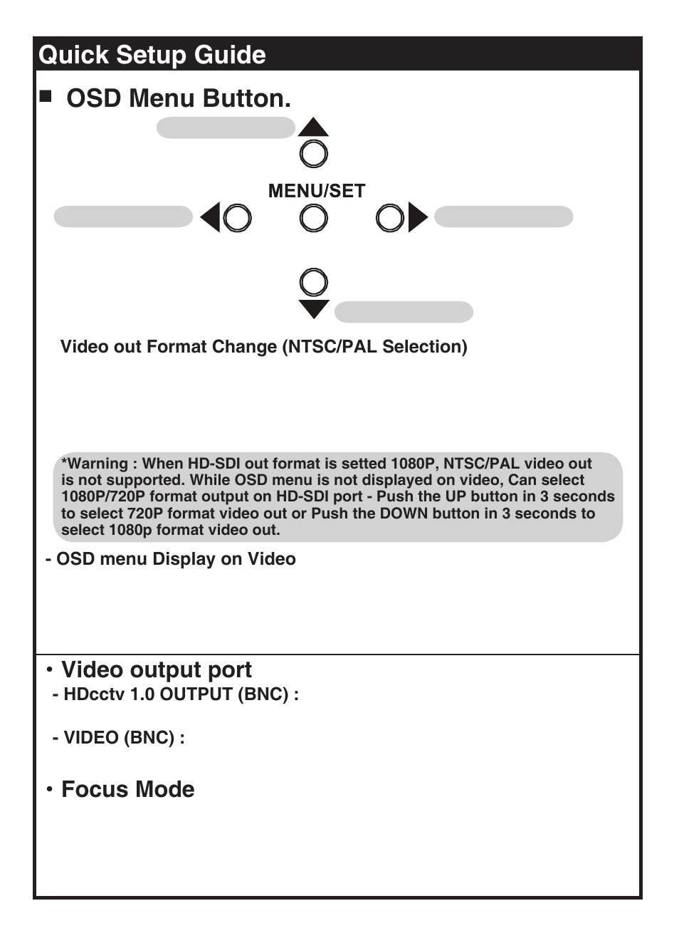 Quick setup guide, Osd menu button, Video output port | Focus mode | KT&C KPC-HDX210M User Manual | Page 32 / 32
