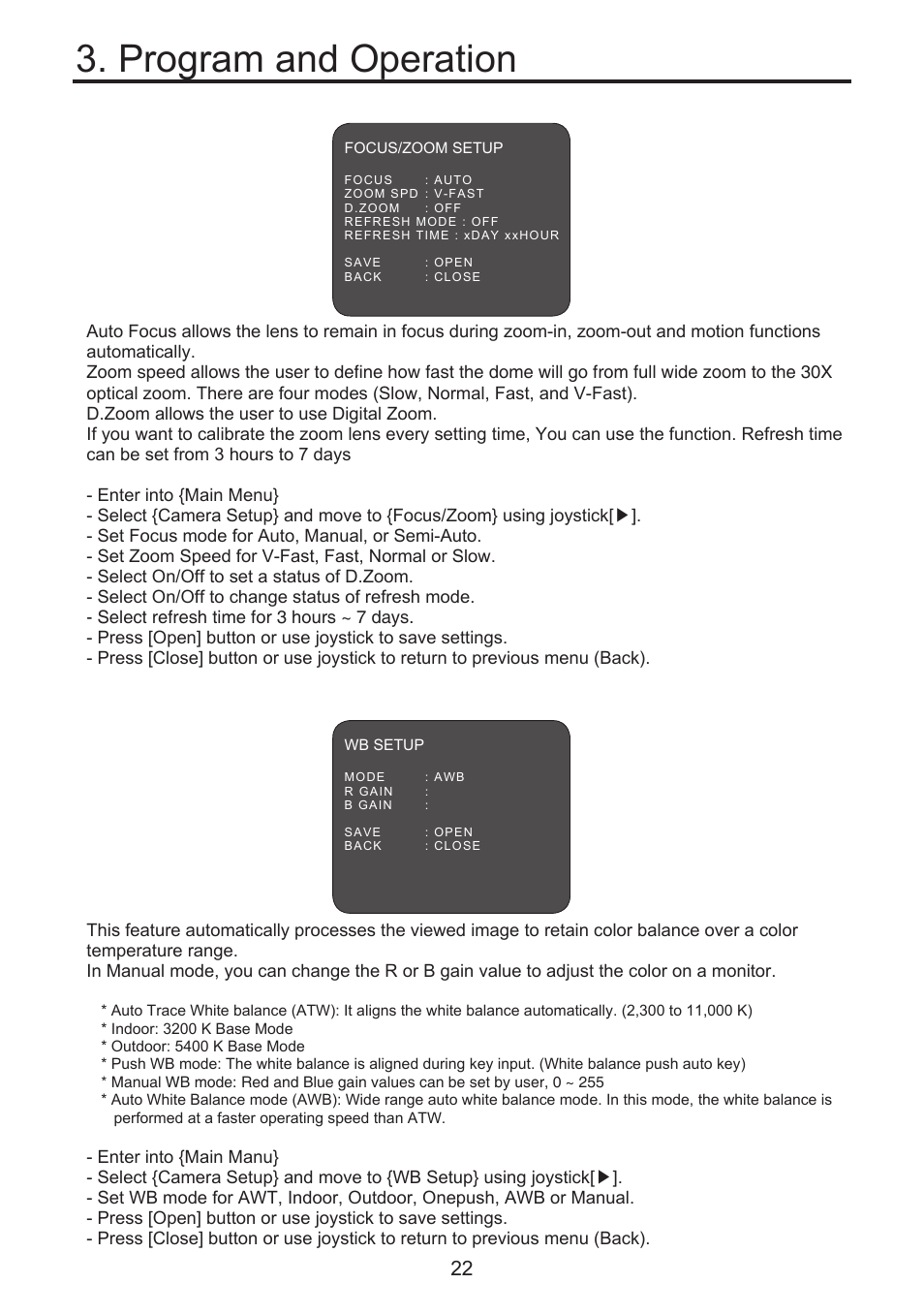 Program and operation, 1 focus/zoom, 2 wb setup (white balance setup) | KT&C KPT-SPDN300NUCH User Manual | Page 22 / 36