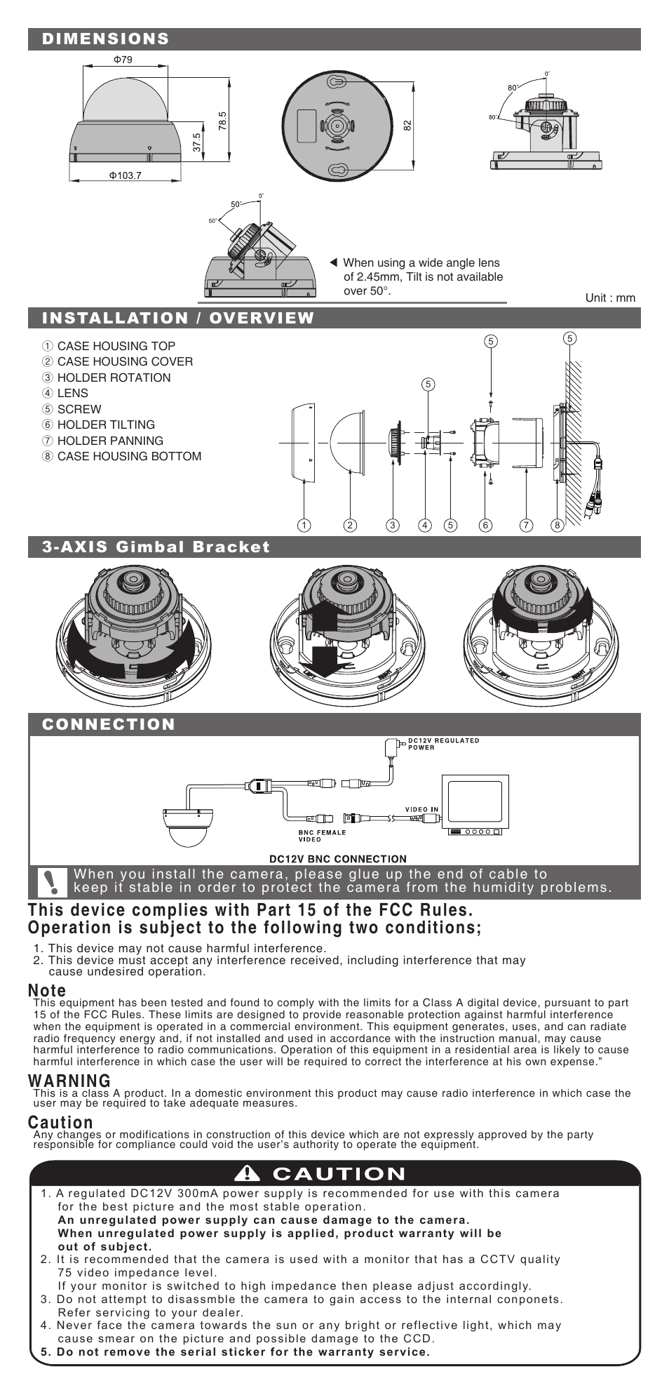 Warning, Caution, Dimensions connection installation / overview | Axis gimbal bracket | KT&C KPC-DS81NU User Manual | Page 2 / 2