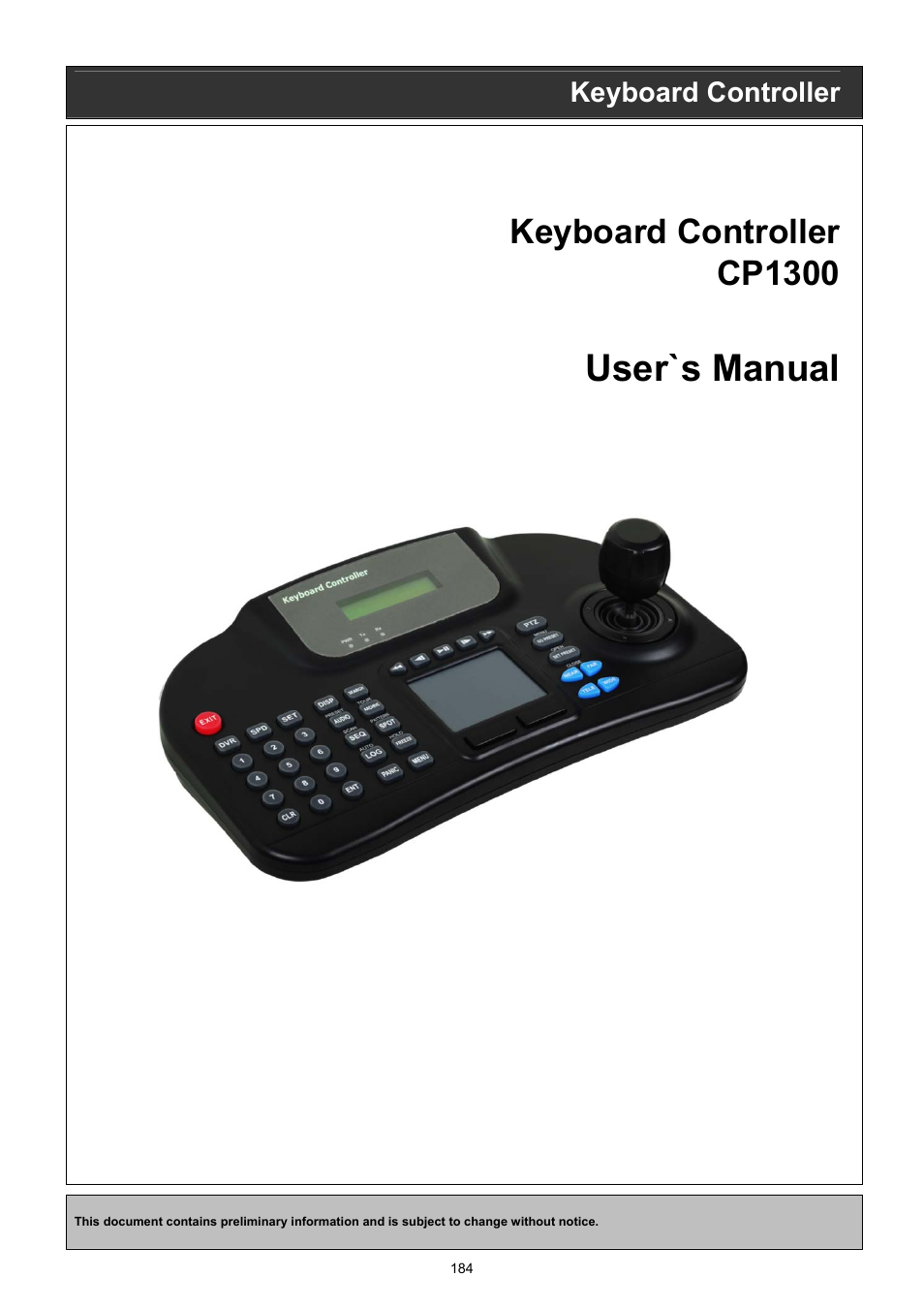 User`s manual, Keyboard controller cp1300, Keyboard controller | KT&C KVR-0412H User Manual | Page 184 / 219