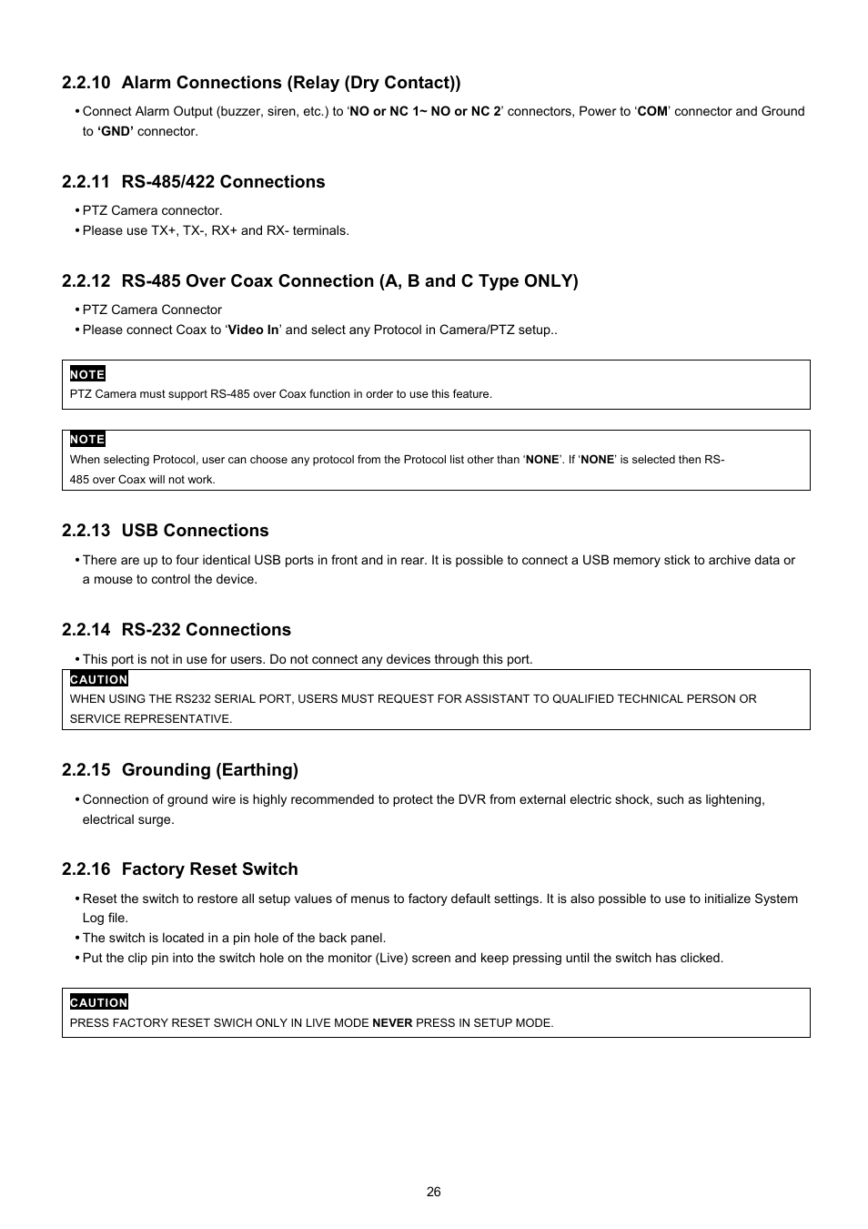 10 alarm connections (relay (dry contact)), 13 usb connections, 15 grounding (earthing) | 16 factory reset switch | KT&C KVR-0412H User Manual | Page 26 / 219