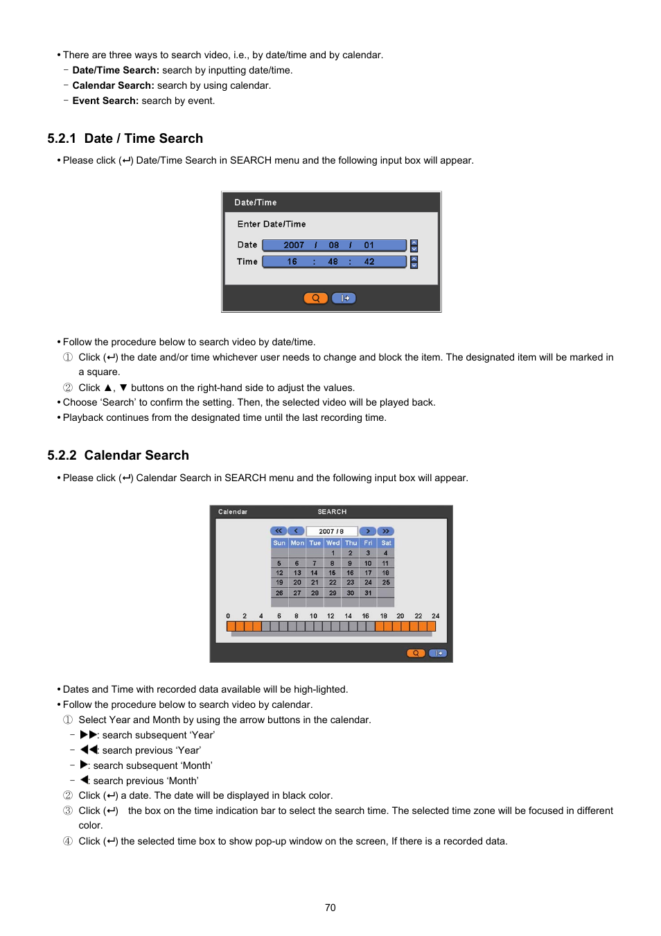 1 date / time search, 2 calendar search | KT&C KVR-0412H User Manual | Page 70 / 219