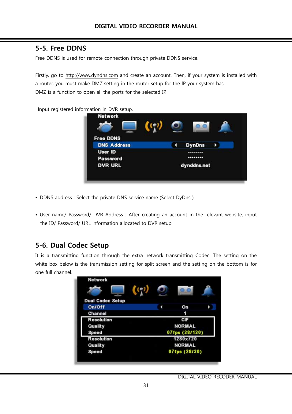 5. free ddns, 6. dual codec setup | KT&C K9-s Series User Manual | Page 31 / 73