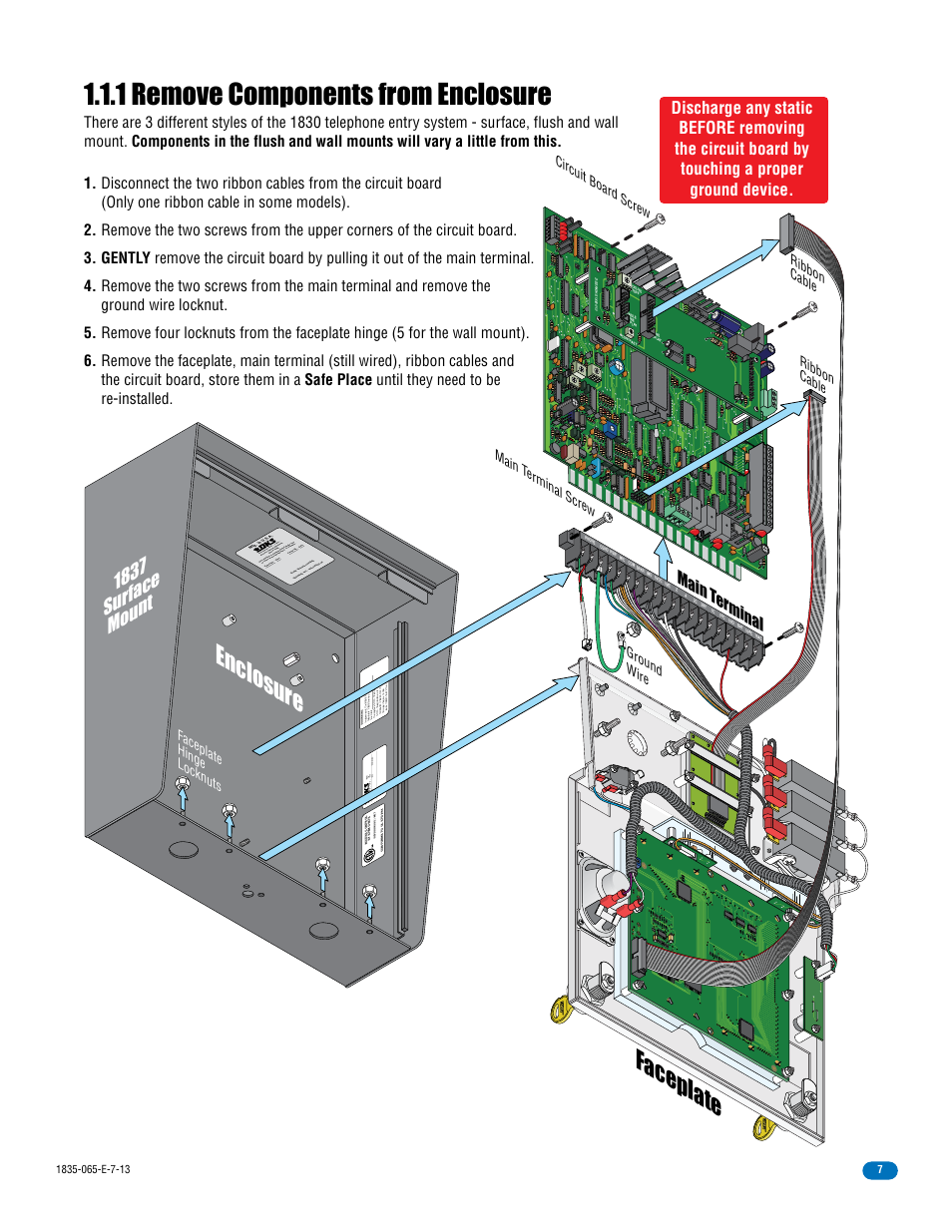1 remove components from enclosure, Enclosure faceplate, 1837 sur face mount | Co ntra st, Faceplate hinge locknuts | DoorKing 1833 PC Programmable User Manual | Page 9 / 70