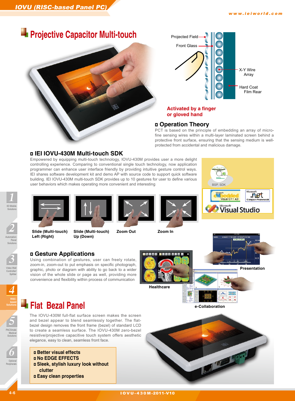Projective capacitor multi-touch, Flat bezal panel, Iovu (risc-based panel pc) | Operation theory, Iei iovu-430m multi-touch sdk, Gesture applications | Impulse IOVU-430M User Manual | Page 2 / 3
