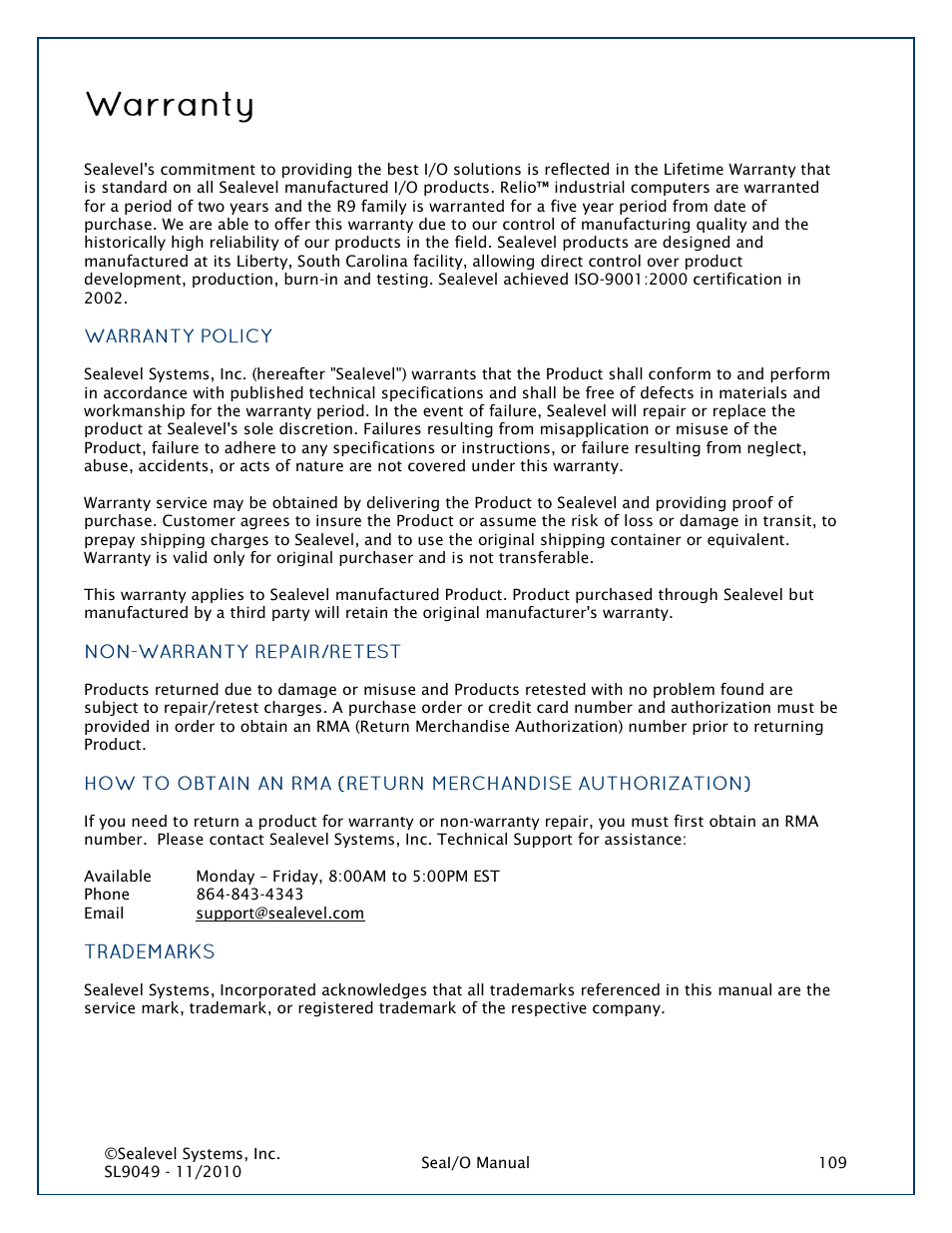 Warranty | Impulse 463N User Manual | Page 109 / 109