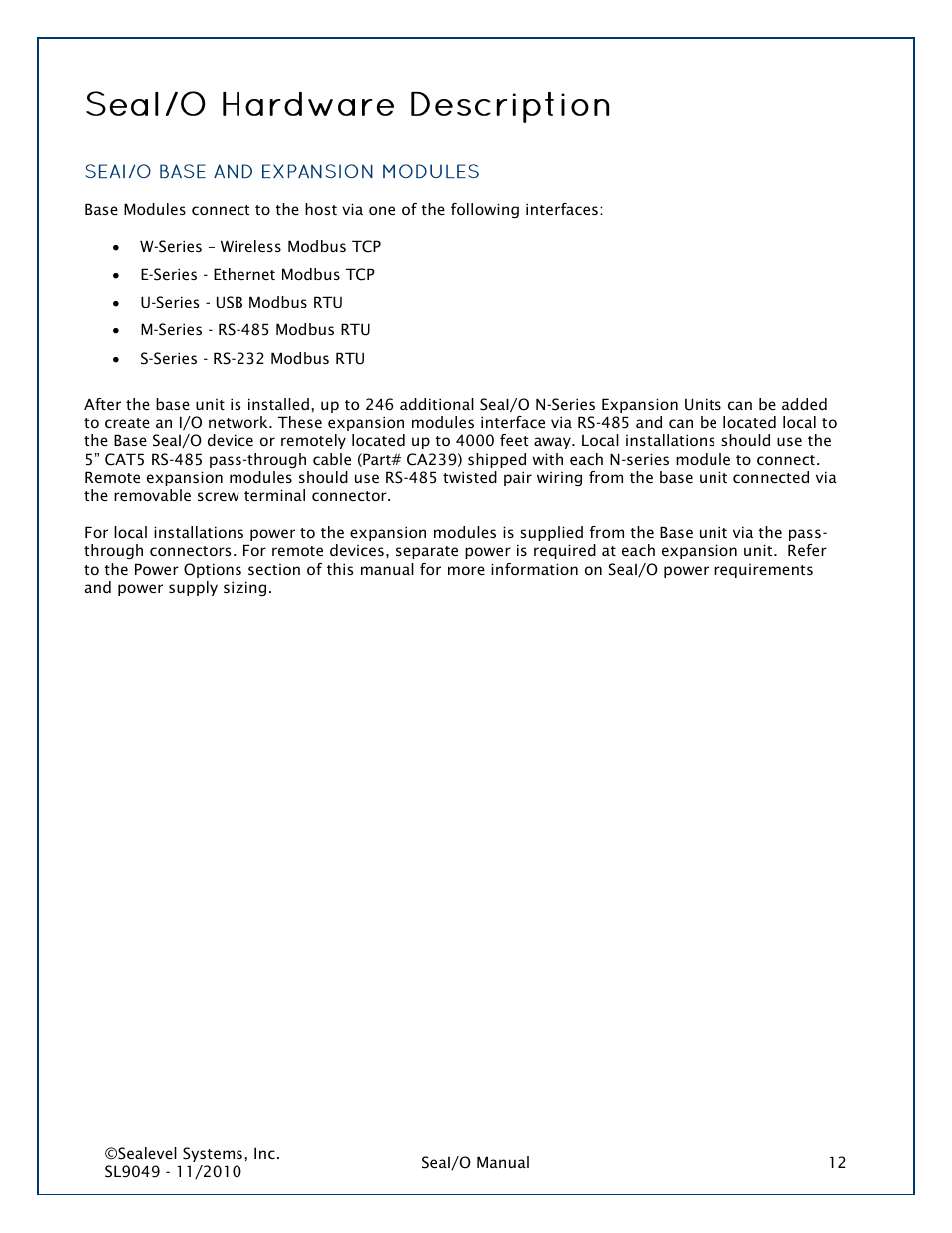 Seai/o hardware description, Seai/o base and expansion modules | Impulse 463N User Manual | Page 12 / 109