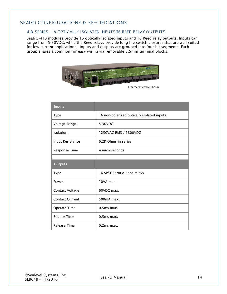 Seai/o configurations & specifications, 410 series | Impulse 463N User Manual | Page 14 / 109