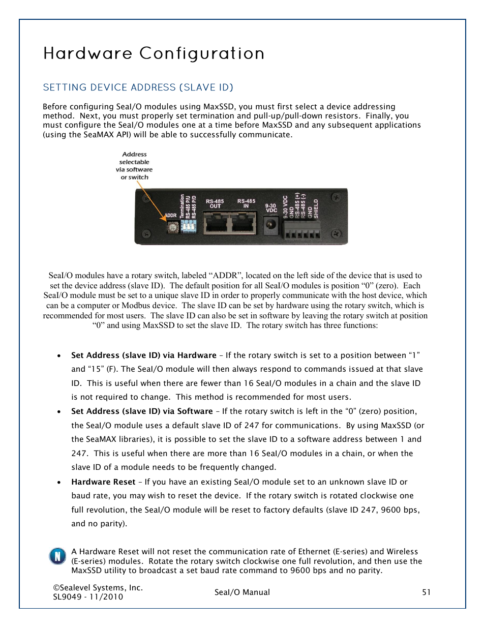 Hardware configuration, Setting device address | Impulse 463N User Manual | Page 51 / 109
