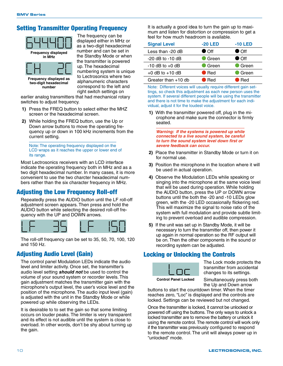 Setting transmitter operating frequency, Adjusting audio level (gain), Locking or unlocking the controls | Adjusting the low frequency roll-off | Lectrosonics SMV User Manual | Page 10 / 28