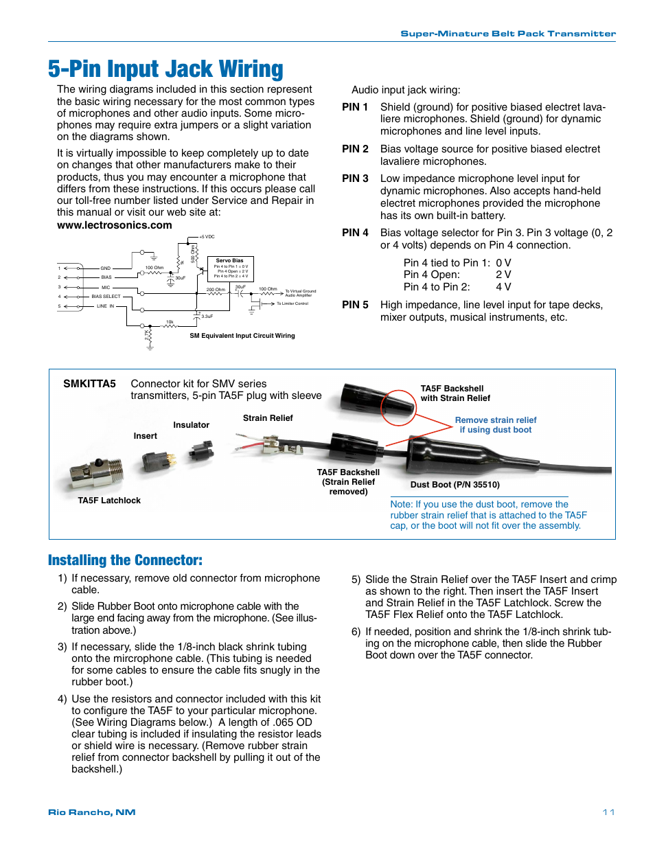 Pin input jack wiring, Installing the connector | Lectrosonics SMV User Manual | Page 11 / 28