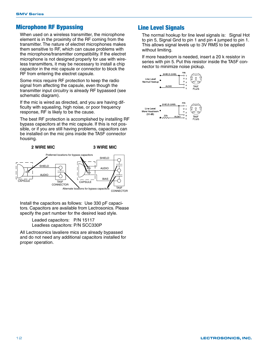 Microphone rf bypassing, Line level signals | Lectrosonics SMV User Manual | Page 12 / 28