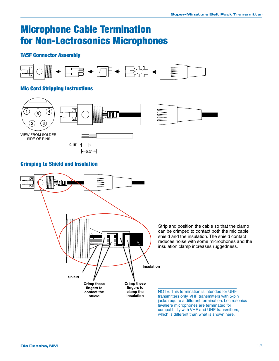 Microphone cable termination, For non-lectrosonics microphones, Crimping to shield and insulation | Lectrosonics SMV User Manual | Page 13 / 28